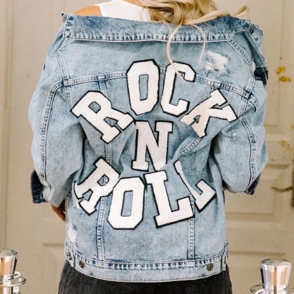 . Judith March Rock N Roll Navy Distressed Patch Varsity Denim Jacket - Picture 2 of 9